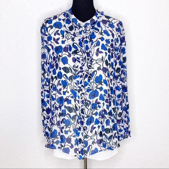 Saloni blue white floral sheer overlay ruffle trim button down top size 10 - Picture 1 of 14